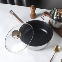 Ensemble de 12 ustensiles de cuisine antiadhésifs avec poignées dorées, comprenant casseroles à lait et soupes, design minimaliste moderne, couvercles en verre, pour le commerce transfrontalier