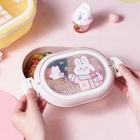 Boîte à lunch ovale à 2 niveaux avec couvercle transparent, thème lapin Kawaii, mignonne, pour enfants, avec fourchette et cuillère, fermeture à clip