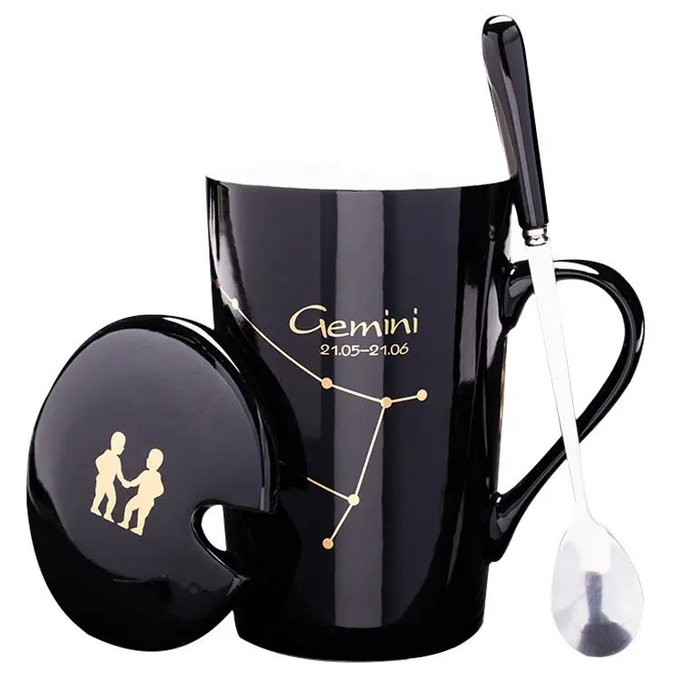 Tazas de cerámica con tapa de cuchara, taza de café de leche con patrón dorado, logotipo personalizado para pareja, 12 Constelaciones