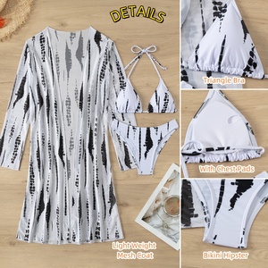 Conjunto Casual de Playa para Mujer, Verano, Manga Larga, Malla Transparente, Top con Relleno + Traje de Baño con Sujetador Push-Up, Nuevo Conjunto de Bikini de Tres Piezas a la Moda - Product Image 3