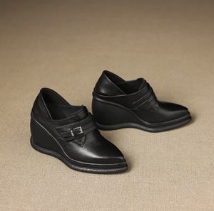 Pancake shaped bottom belt buckle one <b>heel</b> pointed-<b>toe</b> stylish all color leather shoes Mid Calf - Product Image 1