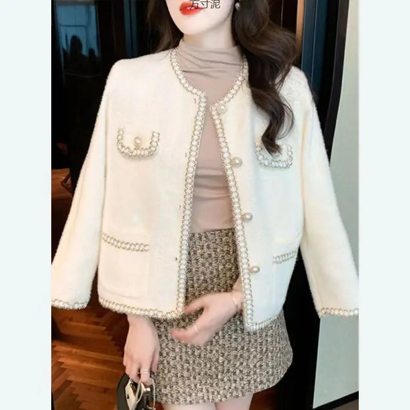 2024 Spring New Design Women's Elegant Cardigan Round Neck Single Breasted Pearl Button Knitwear Vintage Sweater High Quality