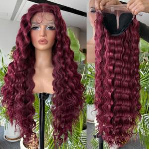 Perruque Lace <span class=keywords><strong>Frontale</strong></span> Ondulée Profonde Couleur Bourgogne 99j, Dentelle Transparente, Densité 200%, Fibre Haute <span class=keywords><strong>Température</strong></span>, Cheveux Synthétiques Mélangés - Product Image 1