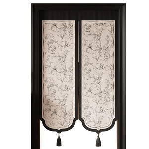 Rideau de porte en tissu de style français, translucide effet lin, à motif floral, avec passe-tringle mural, ouverture bipartite gauche-droite - Product Image 1