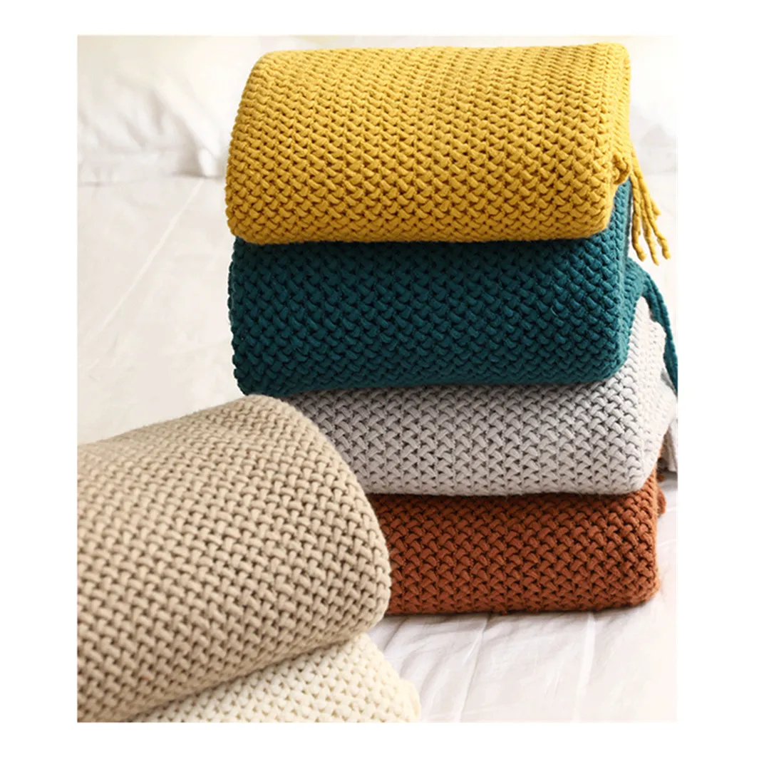 Knitted Throw Blanket Tassel Chunky Knit Blankets Sofa Decoration for Home