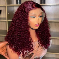 Perruque sans colle pré-plumée avec nœuds décolorés, coupe courte bob Jerry Curly, couleur rouge bordeaux 99J, perruque frontale complète HD 13x4 en dentelle