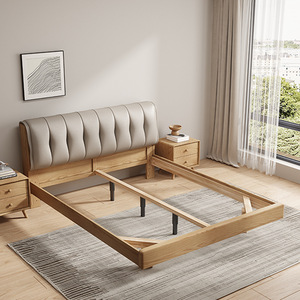 Lit flottant en bois massif, tête de lit capitonnée, style moderne minimaliste, 1,5 m, 1,8 m, lit double pour chambre à coucher - Product Image 3
