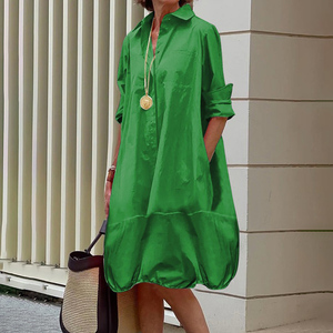 <span class=keywords><strong>Abito</strong></span> <span class=keywords><strong>Midi</strong></span> a maniche lunghe con tinta unita ampia e colletto con colletto colletto con bottone decorato <span class=keywords><strong>camicia</strong></span> con cintura naturale - Product Image 2