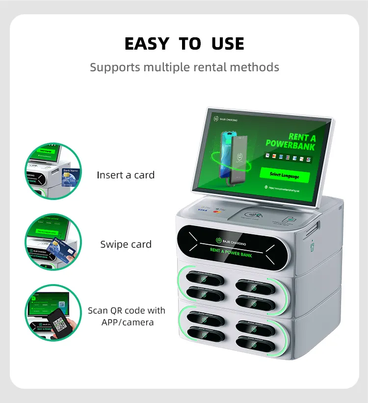 20 Slots Touch-screen Integrated Stack Power Bank Sharing Rental Kiosk Station with Embedded POS vending Machine Fast Charging