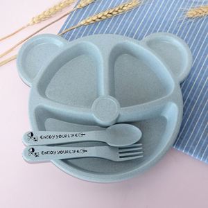 Juego de vajilla para bebés con tazón, cuchara y tenedor, diseño de oso de dibujos animados, platos infantiles para comer, vajilla anti-quemaduras de paja de trigo, plato de entrenamiento - Product Image 3