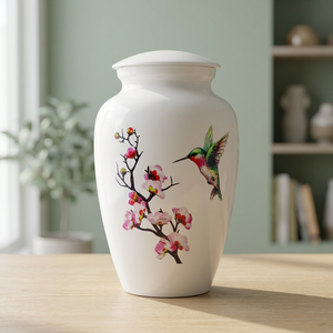 Urna de Cerámica Moderna con Diseño de Colibrí y Flor de Cerezo, Florero Decorativo Redondo para Ocasiones de Condolencia - Product Image 3