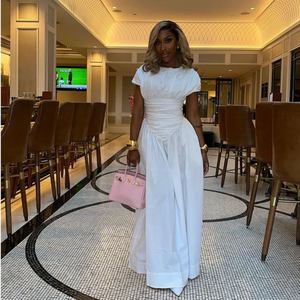 Estate nuovo arrivo abiti bianchi girocollo manica corta in vita calzante una linea Maxi <span class=keywords><strong>abito</strong></span> donna - Product Image 3