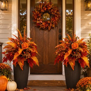 Composition florale artificielle d'automne avec baies d'érable et citrouilles de la récolte, en PVC, pour décoration extérieure et intérieure - Product Image 5