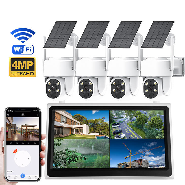 4CH 4MP IP66 NVR Kit Night Vision PIR Human Detection WiFi PTZ Solar CCTV Camera Surveillance System With Monitoring Screen