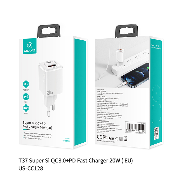 USAMS T37 Super Si 20W QC3.0+PD Fast Charger with Type C and USB 2 Ports (EU) US-CC128 27 Hd4ddb4a1b9fe486b93b53912c0c1e01cA