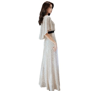 Sequined Evening Gown Women O-Neck <b>A</b>-<b>Line</b> Natural Waist Apricot Base Silver Black Dark Green Wrap Tie Long <b>Dress</b> Banquet Party - Product Image 5