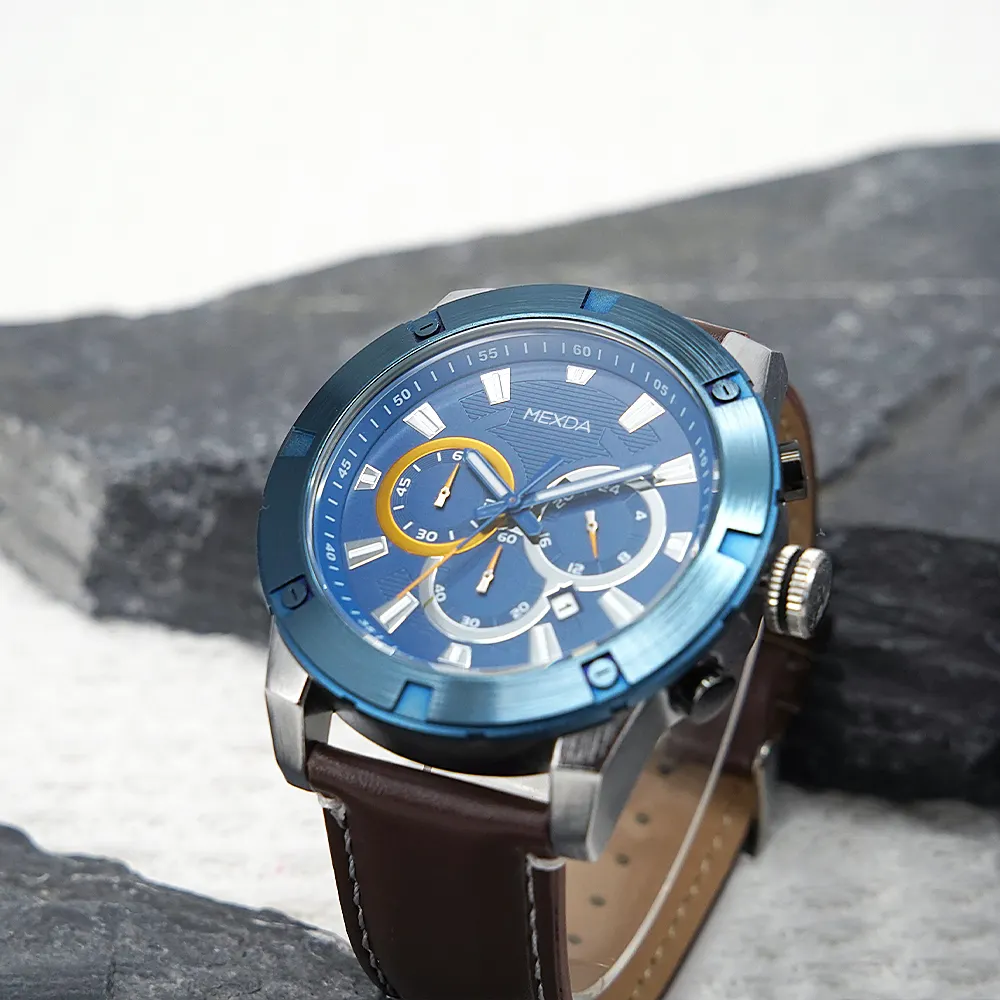 mexda China quartz movt genuine leather strap bezel custom logo Chronograph watches for men