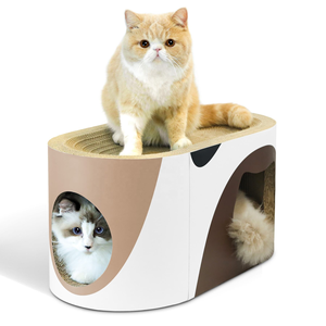 Moderne kattenplank van golfkarton met gebogen dak, dubbelwandig kattenhuis, krabpaal en kattenboom design. - Product Image 1