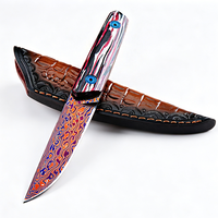 Couteau à lame fixe en acier de Damas avec manche en bois coloré, couteau droit d'extérieur avec étui en cuir pour collection et camping