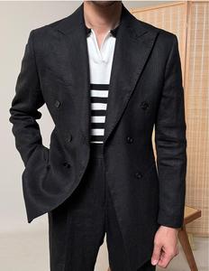 Tute 100% in lino da uomo <span class=keywords><strong>doppiopetto</strong></span> da sposa da sposo pantaloni abiti formali da uomo con risvolto a punta abbigliamento <span class=keywords><strong>estivo</strong></span> - Product Image 3