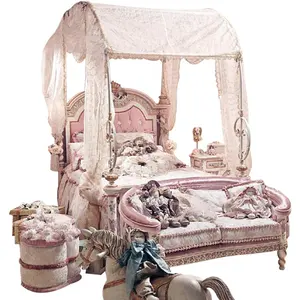 शानदार इतालवी बारोक शैली प्रीमियम बेडरूम फर्नीचर फ्रेंच शैली लड़कियों नक्काशीदार लकड़ी गुलाबी लक्जरी प्राचीन राजकुमारी बिस्तर