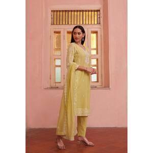 Hot Sale <b>Women</b> Yellow Ethnic Motifs Embroidered Mirror Work Pure Cotton <b>Kurta</b> with Matching Trousers and Dupatta - Product Image 1
