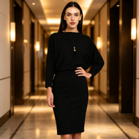 Robe Midi Femme Manches Longues Chauve-Souris, Col Bateau, Taille Élastique, Coupe Blouson Moulante, Noire, Idéale pour le Bureau et les Affaires - Grande Vente