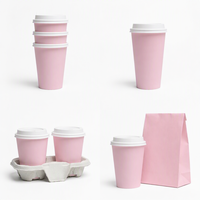 Gobelets à café en papier jetables écologiques APP de 8 oz et 12 oz, couleur rose, avec couvercles et manchons pour boissons chaudes, café