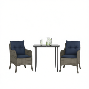 Ensemble de salle à manger de jardin en rotin bleu marine et gris pour 2 personnes, mobilier d'extérieur de style contemporain, résistant aux intempéries - Product Image 1