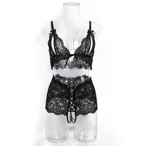 Completo intimo sexy da donna in pizzo nero per la casa: reggiseno push-up con spalline e pantaloni <span class=keywords><strong>a</strong></span> vita alta con apertura sulla gamba, set due pezzi - Product Image 6