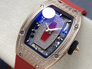 Montre squelette mécanique de luxe pour femme, qualité supérieure, mouvement ZF factory CRMA2, RM07, or rose, diamants, cadran rouge. - Product Image 3