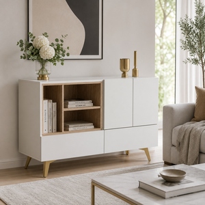 Buffet moderne en chêne Sonoma blanc avec étagère ouverte et portes à ouverture par pression - Product Image 4
