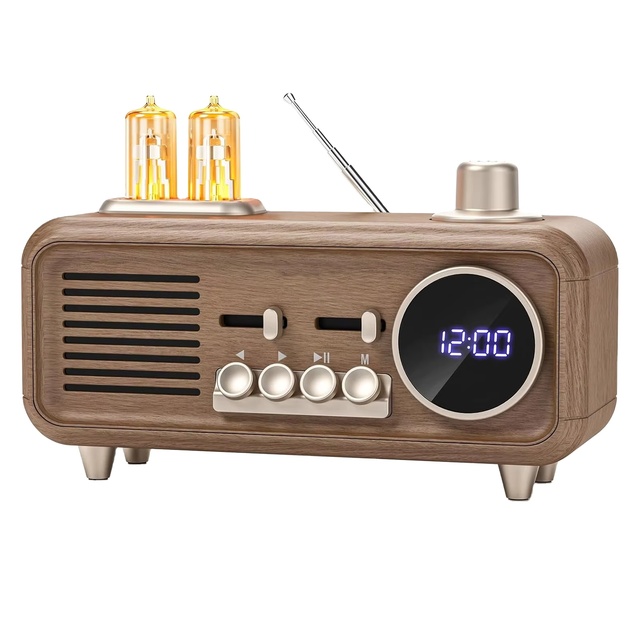 Vofull Cute Retro BT Speaker Wireless 1800 MAh Rechargeable FM Radio Speaker with 2 Warm Lights and Clock