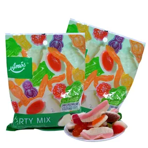 Amos bonne qualité doux doux à mâcher 200G revêtement d'huile coloré fête dents de grenouille petit homme tranche de fruit mélange saveurs bonbons gommeux