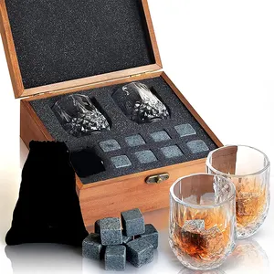 Set regalo di pietre di Whisky 8 rocce di Whisky in granito da raffreddamento 2 bicchieri di Whisky di cristallo di grandi dimensioni scatola di legno fatta a mano