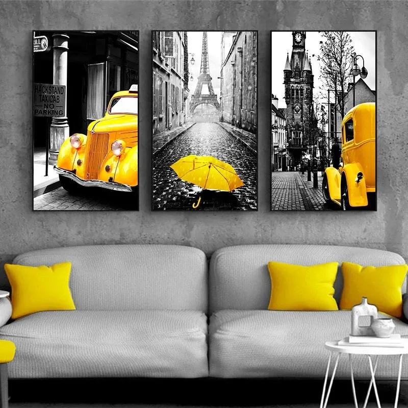 北欧絵画レトロなヨーロッパの都市の風景写真家の装飾黄色の車のバルーンポスタープリント壁アートキャンバスフレーム付き