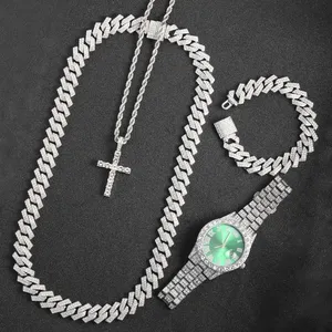 Croix Collier + Montre + Bracelet Glacé Montre Pour Hommes Hip Hop 16MM Prong Chaîne Cubaine Rappeur Cubain Colliers Ensemble Bijoux Cadeau