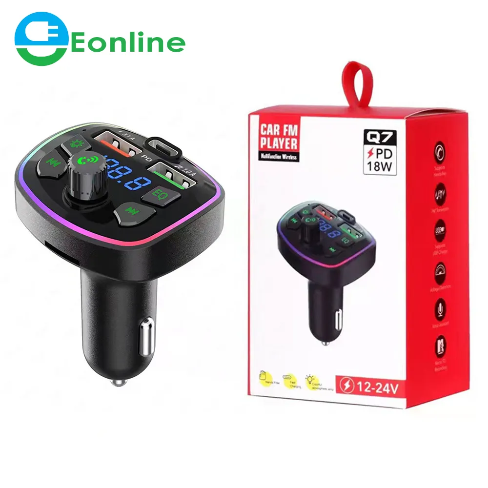 Eonline Car Wireless 5.0 Charger FM Transmitter PD 18W Type-C Dual USB 4.2A Colorful Ambient Light Cigarette lighter MP3 Music