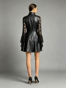 Vestido mini negro de cuello alto con corte en A para mujer, con mangas de encaje tipo farol y cremallera frontal, vestido de fiesta - Product Image 3