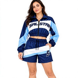 Women’s Custom Blue <b>White</b> Tracksuit Set 2 Piece Crop Jacket & <b>Shorts</b> Wholesale Athletic Sportswear Training <b>Jogger</b> Manufacturer - Product Image 1