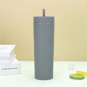 Vasos delgados de plástico de doble pared de 16Oz pulido reutilizable, taza de café de té mate acrílico colorido con tapa deslizante y pajita - Product Image 2