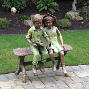 Sculpture en bronze coulée sur mesure grandeur nature, garçon, fille, mère, enseignant et enfants lisant sur un banc, statue d'extérieur - Product Image 2