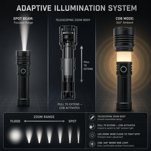 WOSEN Dual Source 20W White Laser Torch Telescoping Zoom IP65 for Outdoor Camping Emergency COB Work LED Flashlight - Product Image 3
