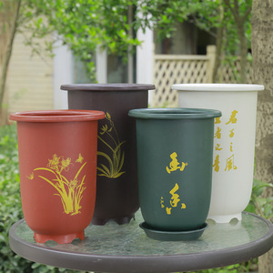 Pot de fleurs en résine imitation argile violette, épaissi, imprimé, style traditionnel chinois, pour plantes d'intérieur et d'extérieur - Product Image 5