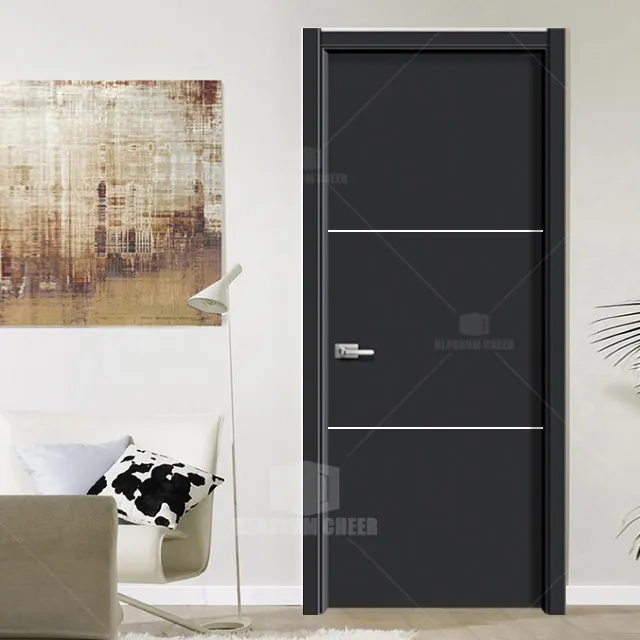 أبواب مرحاض خشبية داخلية حديثة مطلية بالجلد باب ملامين أسود منقوش للوجه مناسب للفيلل والمنازل والفنادق