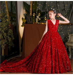 European New Design Girls' Wedding Dresses <b>Sequin</b> Flower Girl <b>Red</b> Tail Dress - Product Image 3