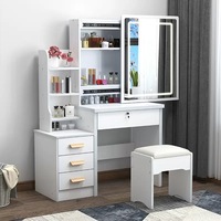 Ensemble coiffeuse moderne de luxe en bois blanc avec tabouret, plusieurs tiroirs, miroir éclairé HD et lumières LED pour femmes