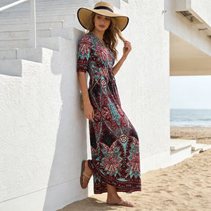 Abito Lungo Elegante da Donna in <span class=keywords><strong>Bordeaux</strong></span> e Azzurro con Stampa Etnica Retrò Paisley, <span class=keywords><strong>Maniche</strong></span> Corte e Vita Annodata - Product Image 1