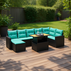Set di divani da giardino in polyrattan nero con cuscini, mobili da esterno per 8 persone, stile contemporaneo, design moderno - Product Image 2