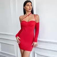 Robe moulante mini pour femme, sans manches, bretelles spaghetti, sexy, rouge uni, coupe ajustée, polyester, tenue de soirée ODM